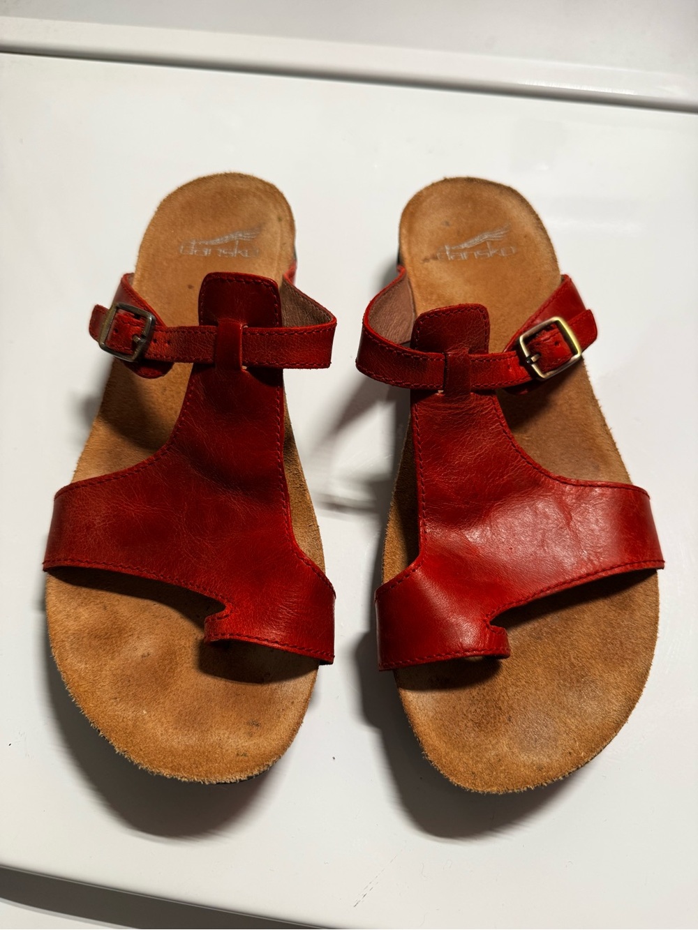 Dansko Red Leather T-Strap Buckle Sandals
